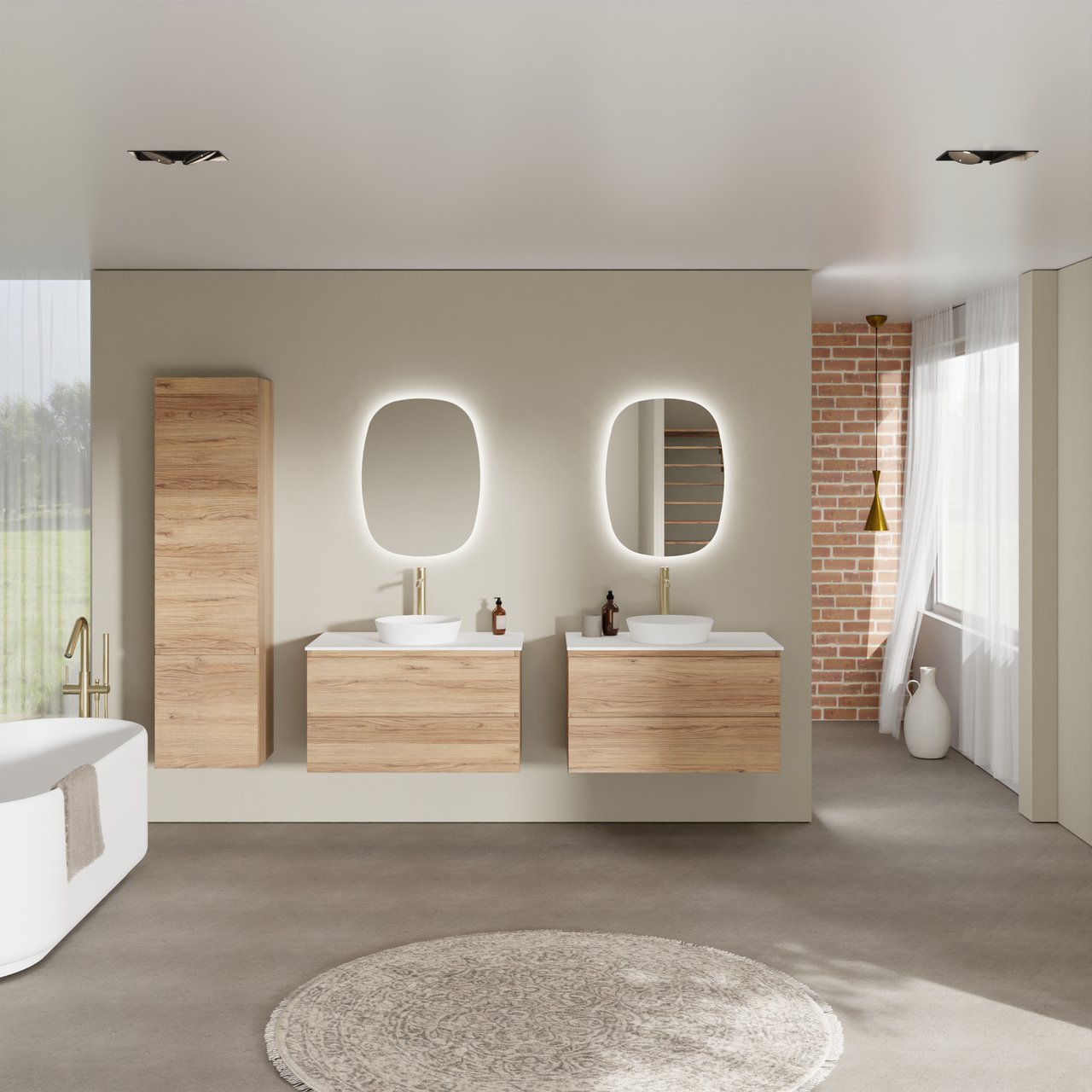 Balmani Lucida meuble salle de bains suspendu 90 x 55 cm teck avec Stretto tablette simple en solid surface blanc mat