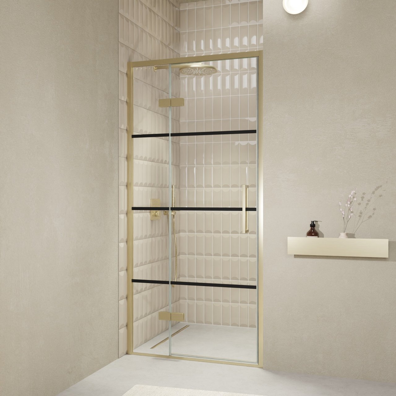 Balmani Senses Design douche draaideur links 100 cm x 210 cm Lined glas, Brushed Champagne Gold profielen, met coating