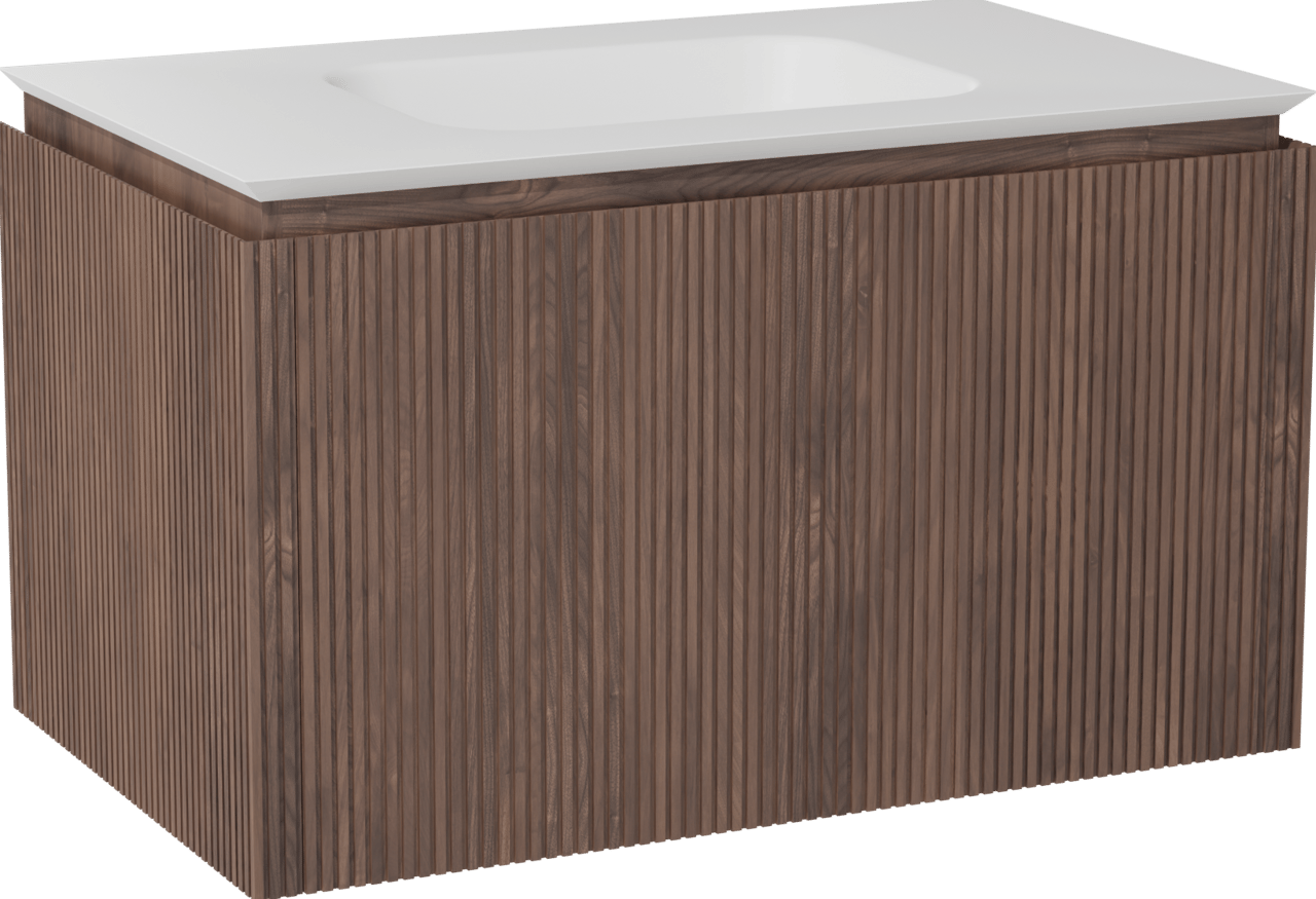 Balmani Eclips meuble salle de bains suspendu 90 x 55 cm Noyer américain avec Eclips plan simple en Solid Surface blanc mat, Nervure droite symétrique verticale