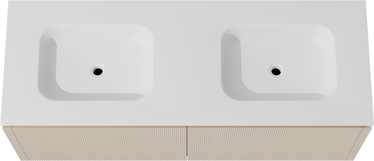 Balmani Eclips meuble salle de bains suspendu 150 x 55 cm Sandbeige avec Eclips double vasque en Solid Surface blanc mat, Nervure droite symétrique verticale