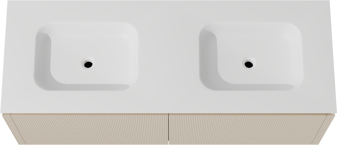 Balmani Eclips hängendes Möbelstück Set: 150 x 55 cm, Sandbeige, mit Eclips Doppelwaschtisch Solid Surface Weiβ matt, Vertikale symmetrische gerade Rippe