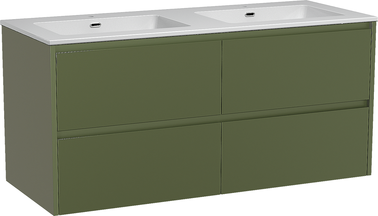 Storke Seda zwevend badmeubel 130 x 52 cm olijfgroen met Diva dubbele wastafel in composietmarmer hoogglans wit