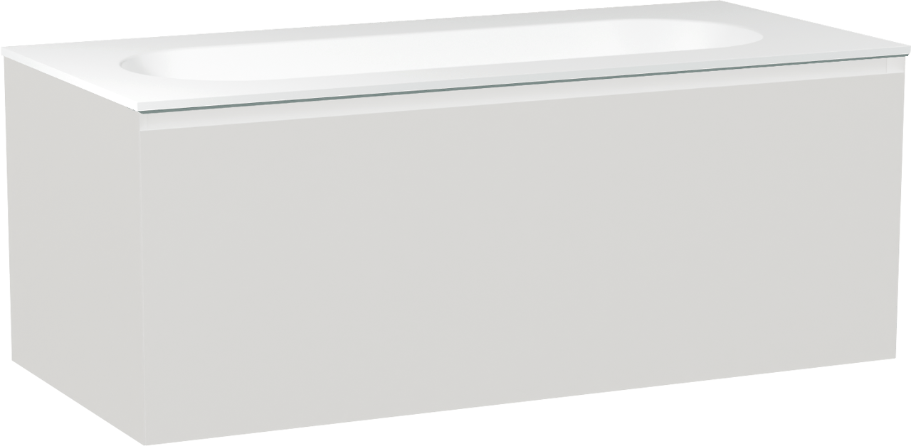 Balmani Idra hängendes Möbelstück Set: 120 x 55 cm, Weiß matt, mit Tablo Oval Einzelwaschtisch für 2 Armaturenlöcher, Solid Surface Weiß matt