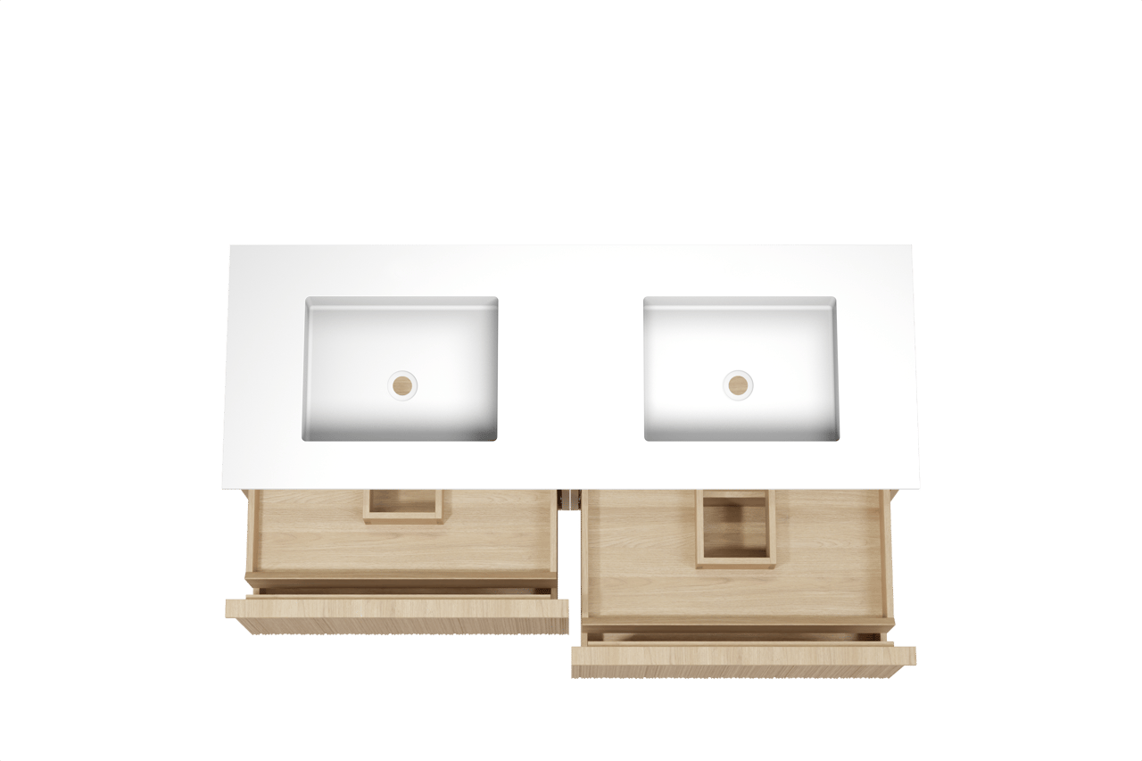 Balmani Forma zwevend badmeubel 150 x 55 cm naturel eiken met Tablo Stretto dubbele wastafel in solid surface mat wit, Verticale asymmetrische ronde ribbel