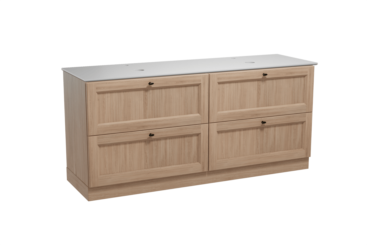 Balmani Lemon freistehendes Möbelstück Set: 180 x 55 cm, Verwitterte Eiche, mit Facetta Doppel Waschtischplatte, Solid Surface Weiß matt