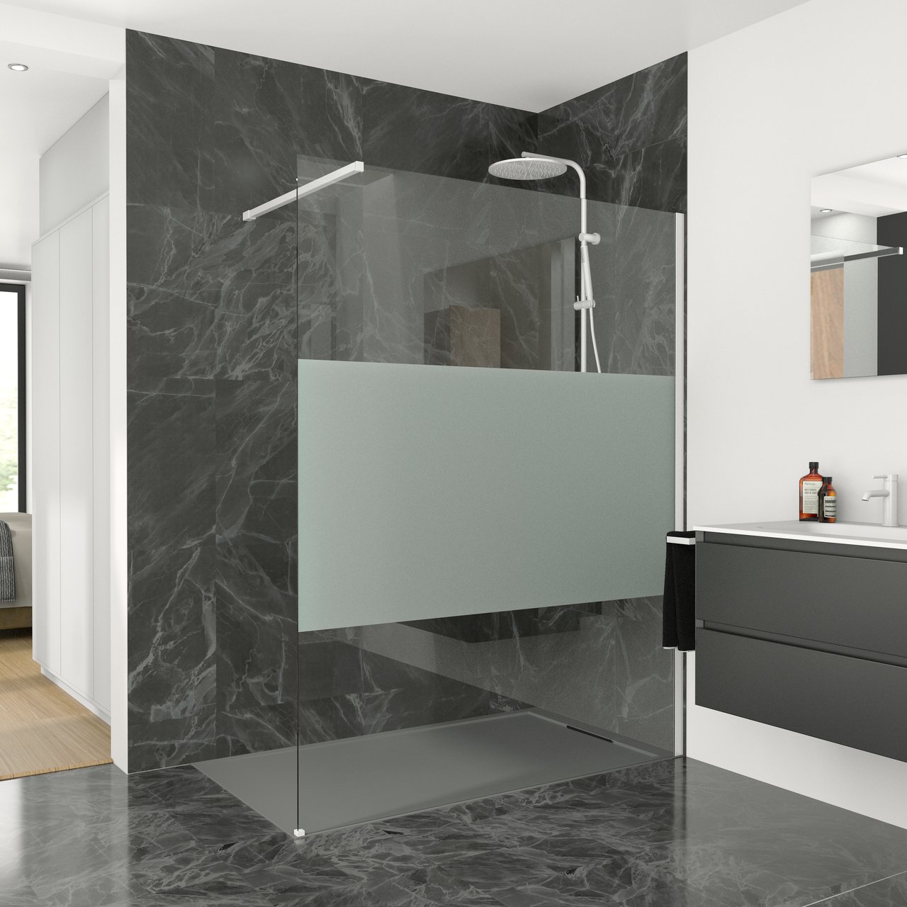 Balmani Modular inloopdouche 90 x 200 cm helder glas met matte strook mat wit profiel