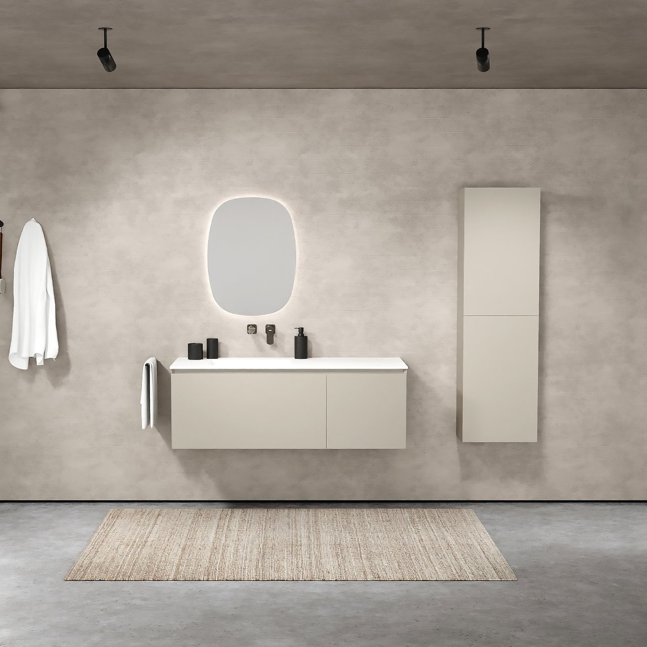 Balmani Idra zwevend badmeubel 135 x 55 cm steengrijs met Tablo Arcato asymmetrisch linkse wastafel in solid surface mat wit