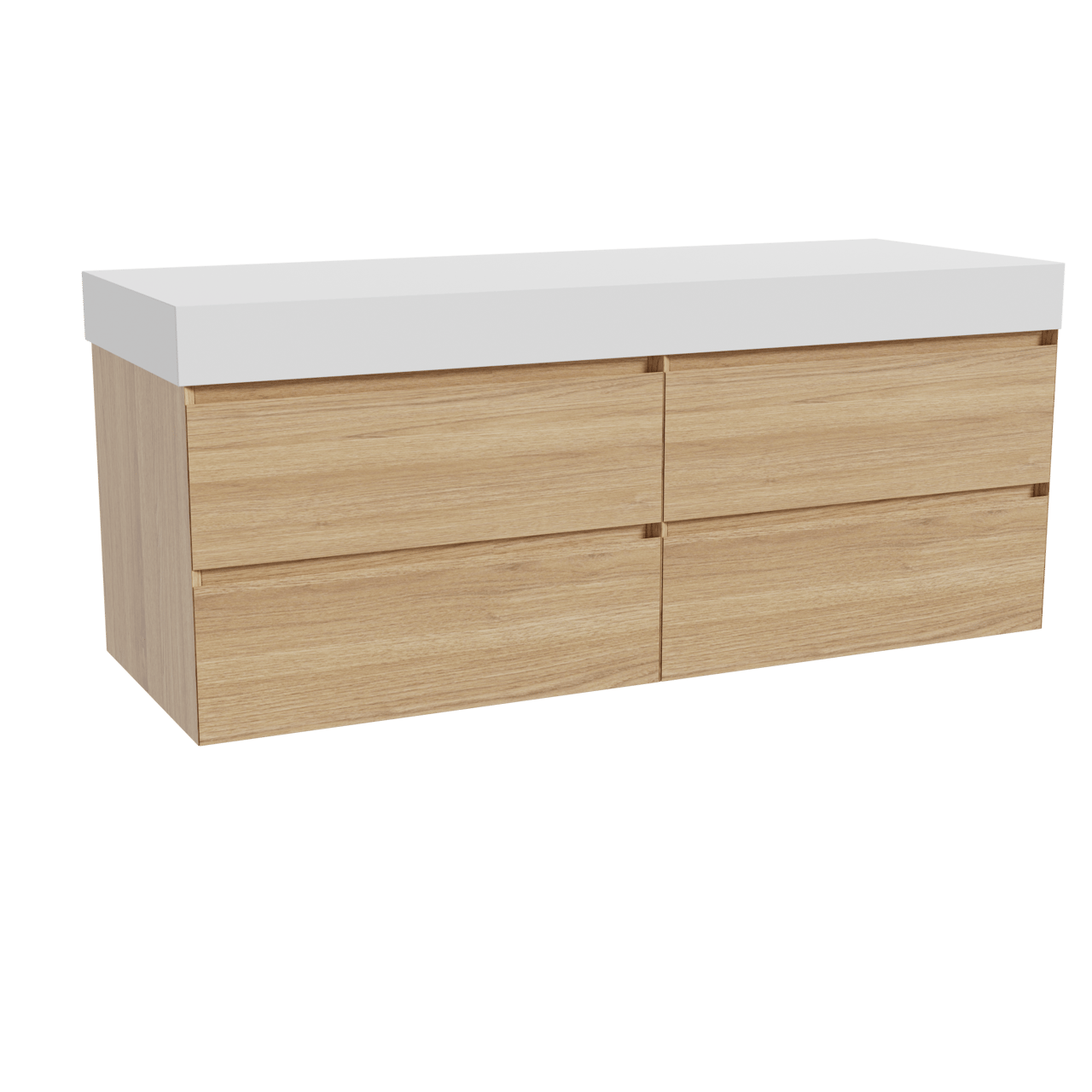 Balmani Mitra zwevend badkamermeubel 150 x 55 cm natuur eik met Dominus enkel of dubbel tablet in solid surface mat wit