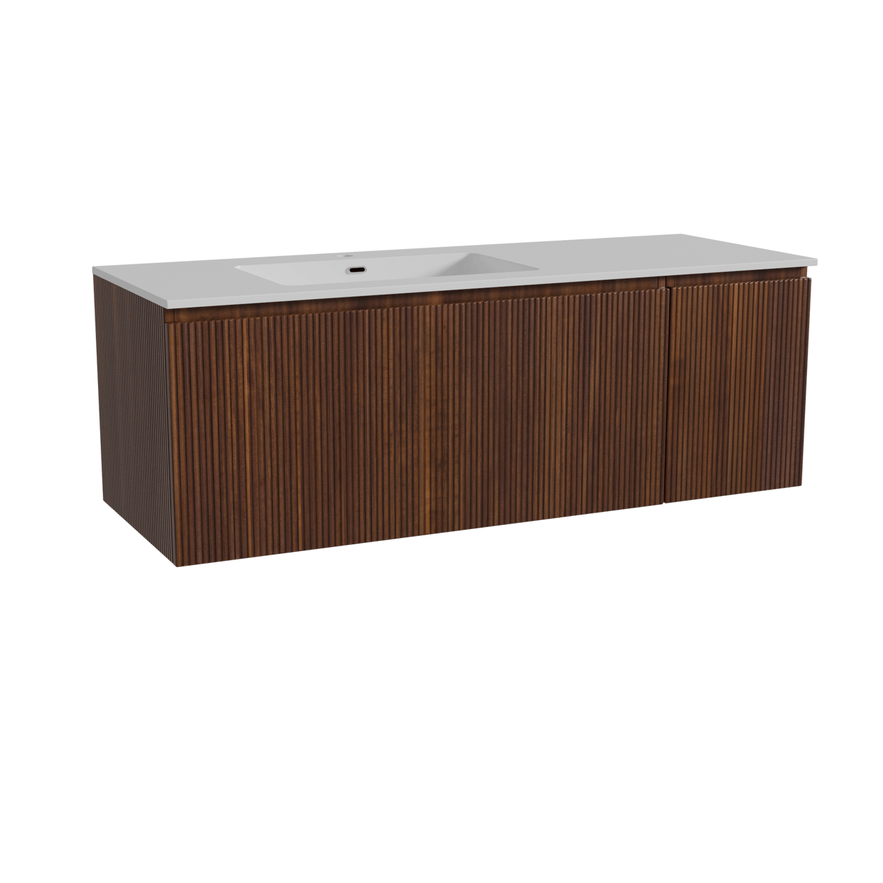 Storke Ribs zwevend badkamermeubel 140 x 52 cm notelaar met Diva asymmetrisch linkse wastafel in composietmarmer glanzend wit, Verticale symmetrische rechte ribbel