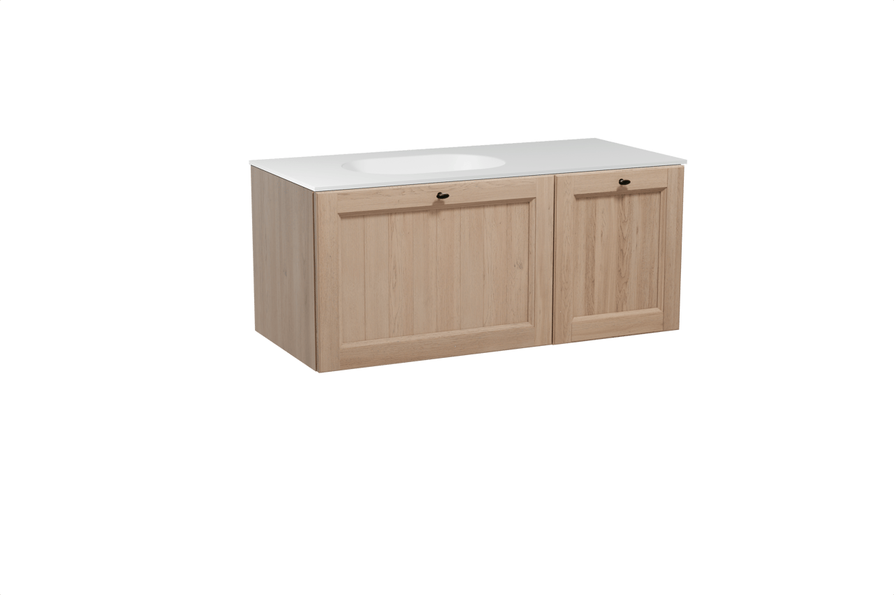 Balmani Lemon hängendes Möbelstück Set: 120 x 55 cm, Verwitterte Eiche, mit Tablo Oval Waschtisch links, Solid Surface Weiß matt