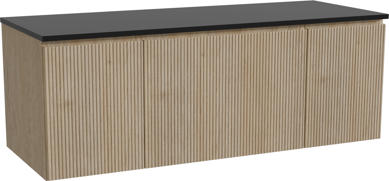 Storke Ribs zwevend badmeubel 135 x 52 cm ruw eiken met Panton enkel of dubbel wastafelblad in gepoedercoate mdf mat zwart, Verticale symmetrische rechte ribbel