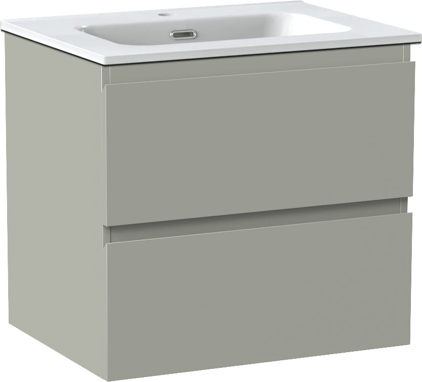 Linie Lado zwevend badmeubel 60 x 46 cm greige met Baro enkele wastafel in porselein hoogglans wit