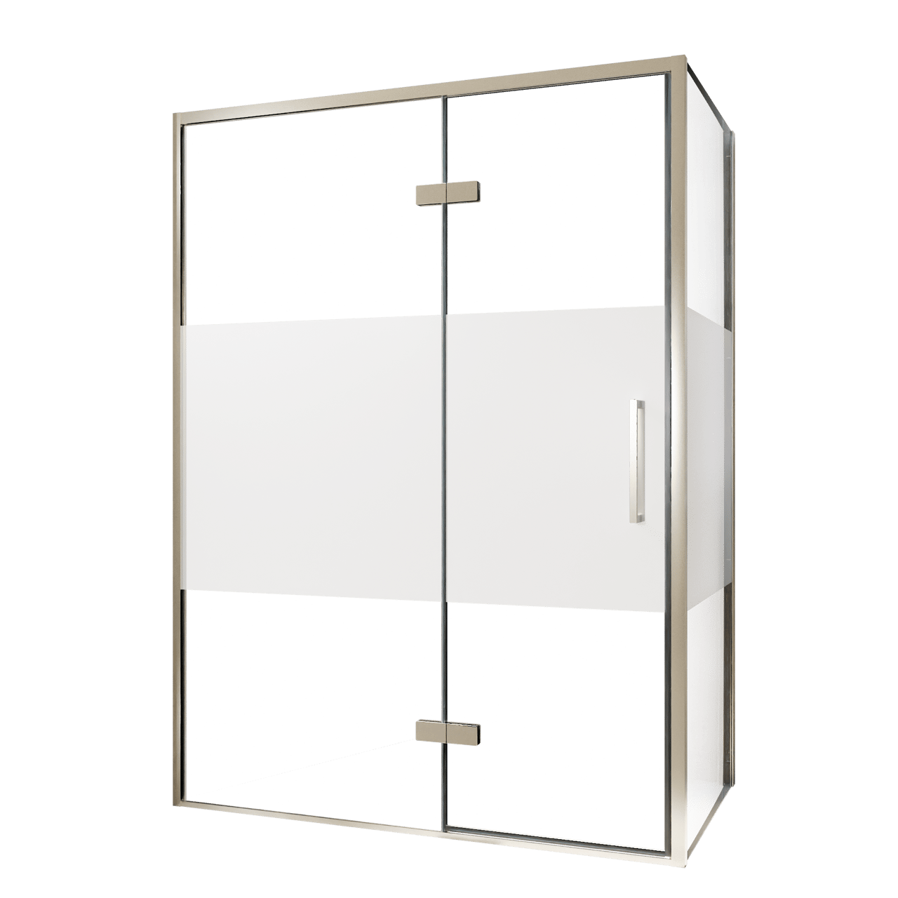 Balmani Senses Design Eckdusche: Drehtür (Links) mit fixierte Seitenwand, 140 x 90 cm, Klarglas mit mattiertem Streifen, Profil Brushed CoolMetal, inklusive Coating