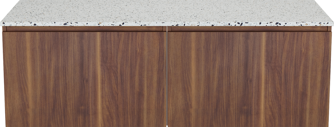 Balmani Sfera zwevend badmeubel 150 x 55 cm amerikaans notenhout met Stretto enkel of dubbel wastafelblad in mat wit/zwart terrazzo