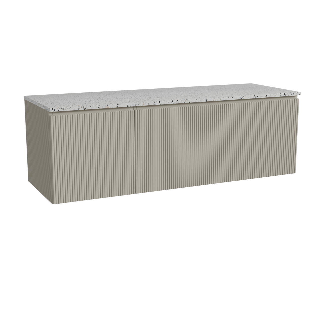 Storke Ribs zwevend badmeubel 150 x 52 cm zijdegrijs met Tavola enkel of dubbel wastafelblad in mat wit/zwart terrazzo, Verticale symmetrische rechte ribbel