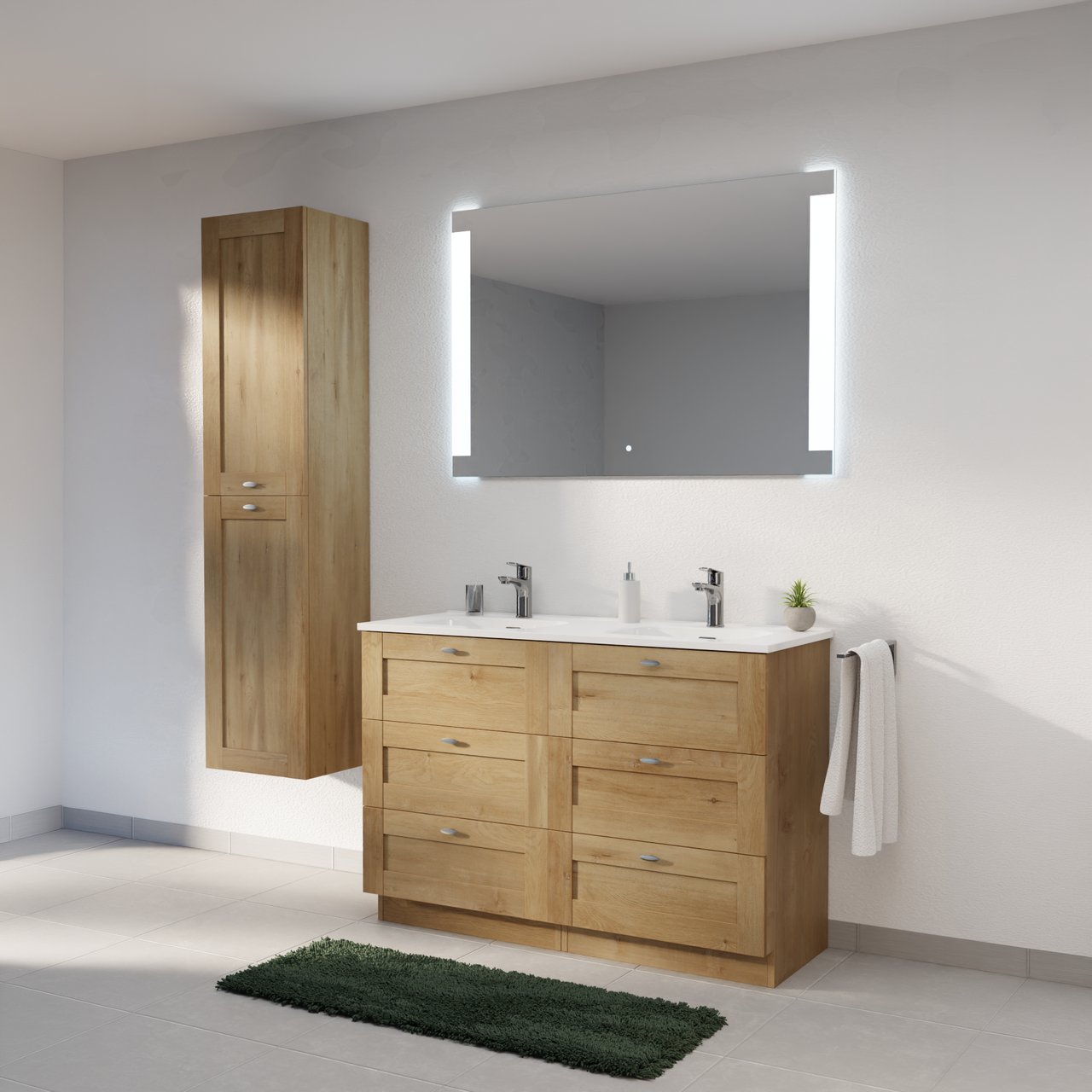 Linie Classo freistehendes Möbelstück Set: 120 x 46 cm, Naturbelassene Eiche, mit Baro Doppelwaschtisch, Porzellan Weiß glänzend