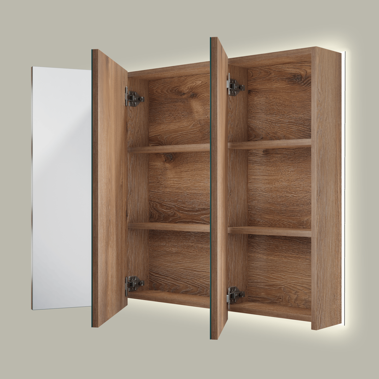 Linie Montro Spiegelschrank, 100 x 75 cm, braune Eiche, mit Spiegelbeleuchtung