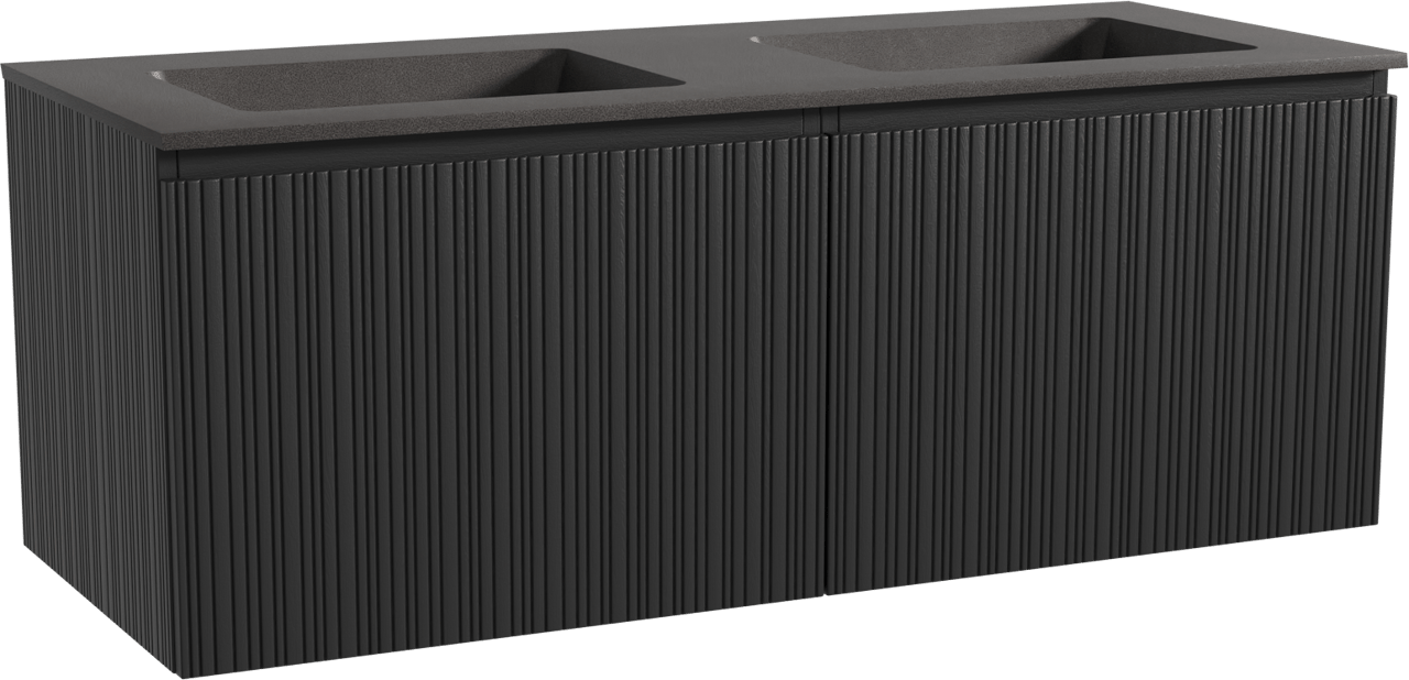 Storke Ribs meuble salle de bains suspendu 130 x 52 cm chêne noir avec Scuro double vasque en quartz noir mat, Nervure droite asymétrique verticale