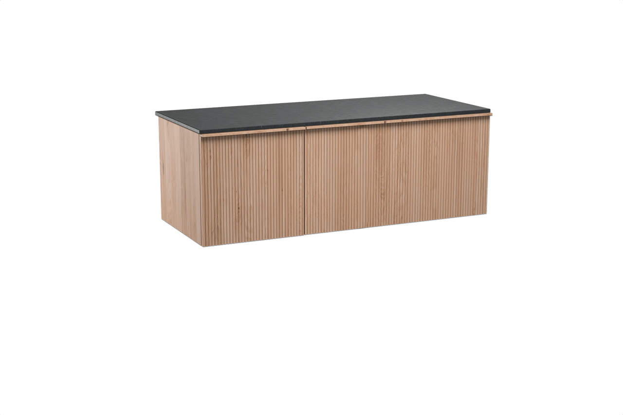 Balmani Forma zwevend badkamermeubel 135 x 55 cm natuur eik met Stretto enkel of dubbel tablet in graniet zwart, Verticale symmetrische rechte ribbel