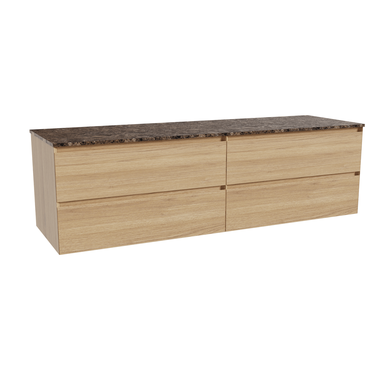 Balmani Mitra hängendes Möbelstück Set: 180 x 55 cm, Naturbelassene Eiche, mit Stretto Einzel- oder Doppel Waschtischplatte, Marmor Dark Emperador