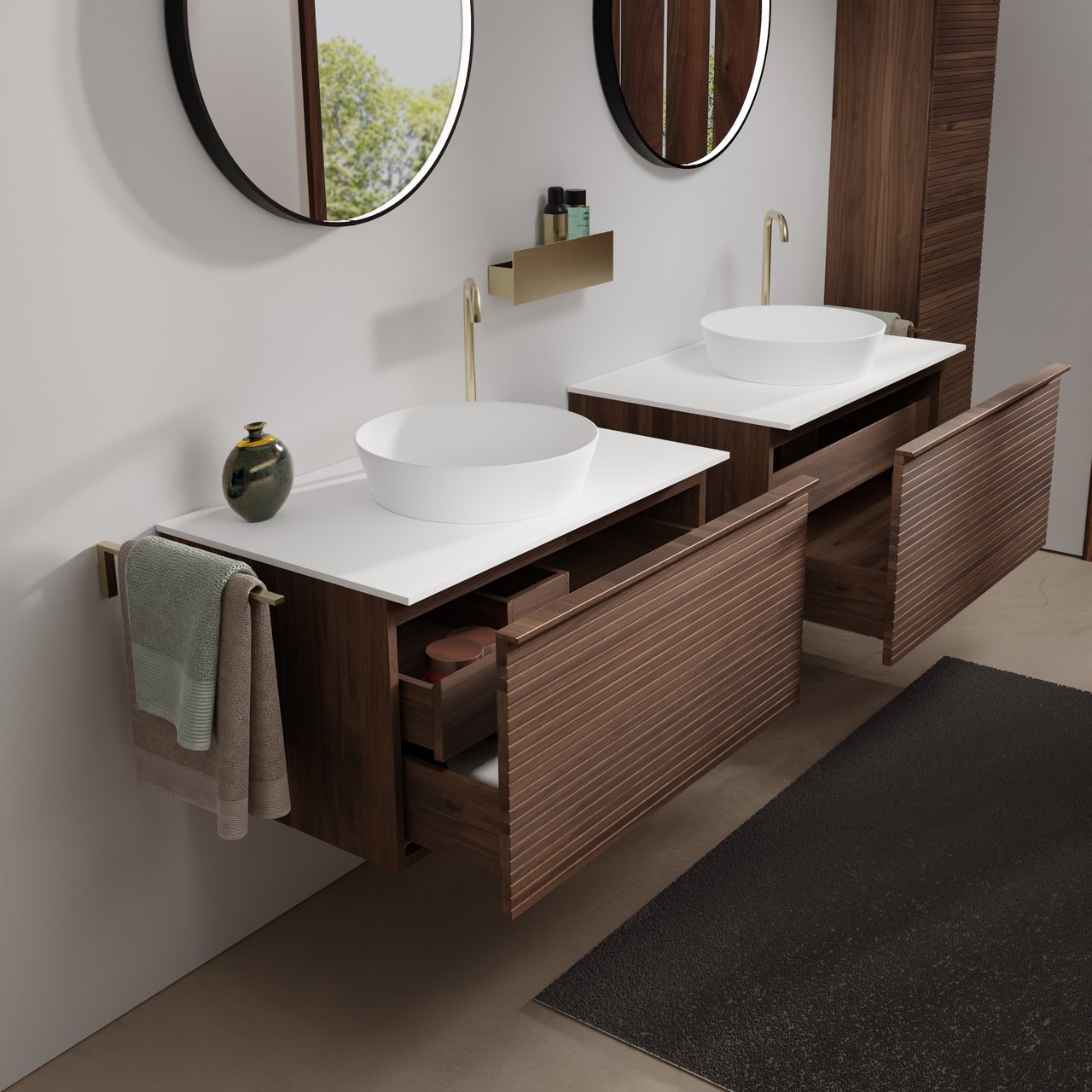 Balmani Forma zwevend badkamermeubel 90 x 55 cm amerikaanse notelaar met Stretto enkel tablet in solid surface mat wit, Horizontale symmetrische rechte ribbel