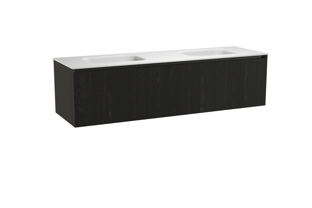 Balmani Fila zwevend badkamermeubel 180 x 55 cm zwarte eik met Tablo Arcato dubbele wastafel in solid surface mat wit, Verticale symmetrische rechte ribbel