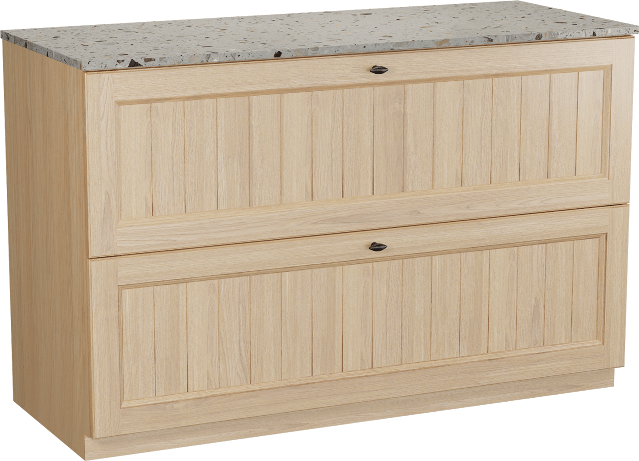 Balmani Lemon staand badkamermeubel 135 x 55 cm, fineer natuur eik met Stretto enkel of dubbel tablet in greige terrazzo