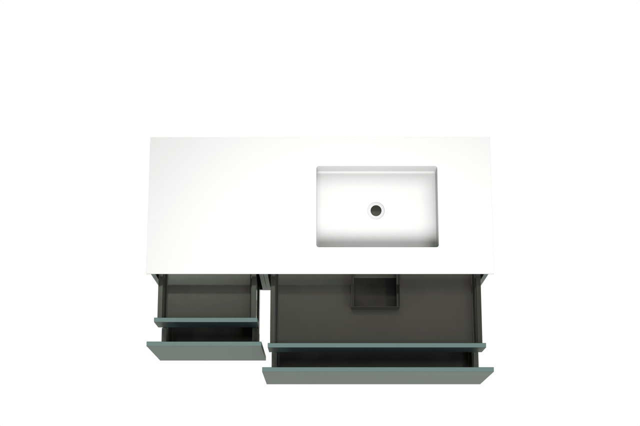 Balmani Sfera zwevend badkamermeubel 135 x 55 cm forest met Tablo Stretto asymmetrisch rechtse wastafel in solid surface mat wit