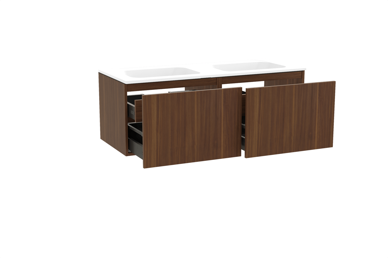 Balmani Sfera zwevend badkamermeubel 135 x 55 cm amerikaanse notelaar met Tablo Strada dubbele wastafel in composietmarmer mat wit