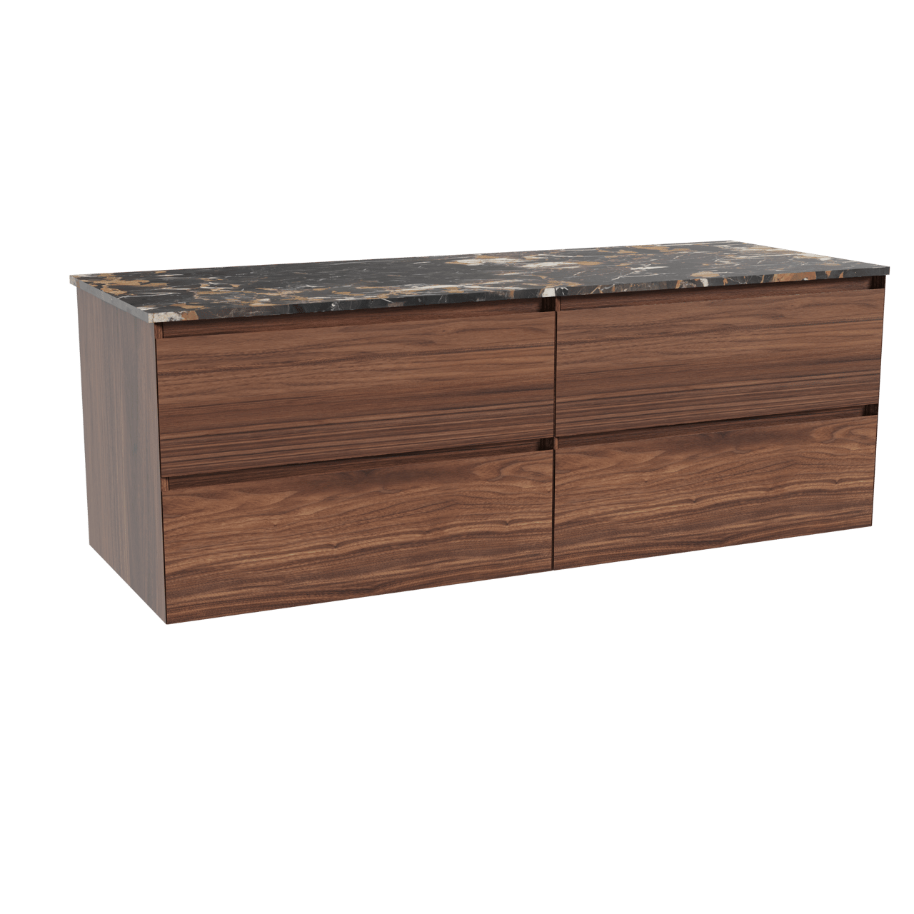 Balmani Mitra hängendes Möbelstück Set: 150 x 55 cm, Nussbaum, mit Stretto Einzel- oder Doppel Waschtischplatte, Marmor Portoro Gold