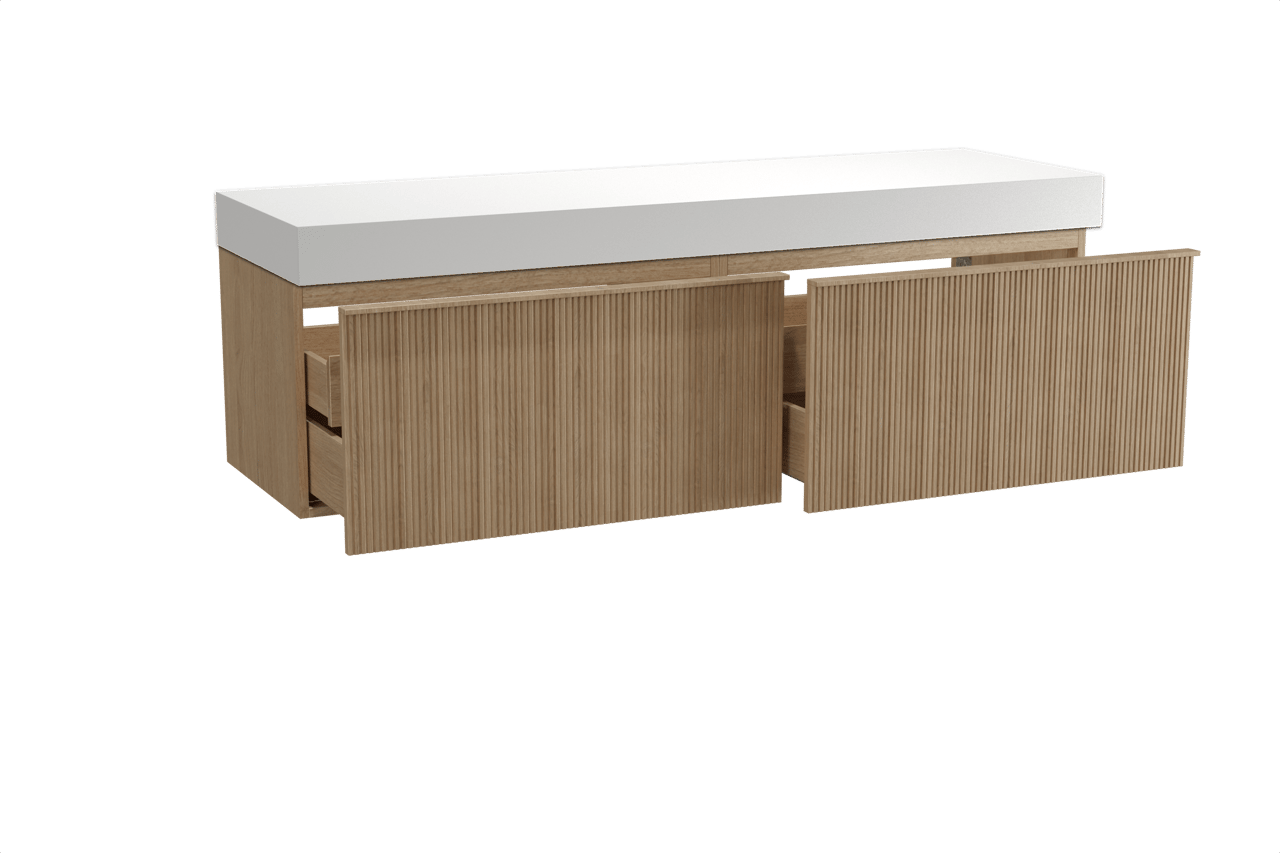 Balmani Forma meuble salle de bains suspendu 180 x 55 cm chêne naturel avec Dominus tablette simple ou double en solid surface blanc mat, Nervure droite symétrique verticale