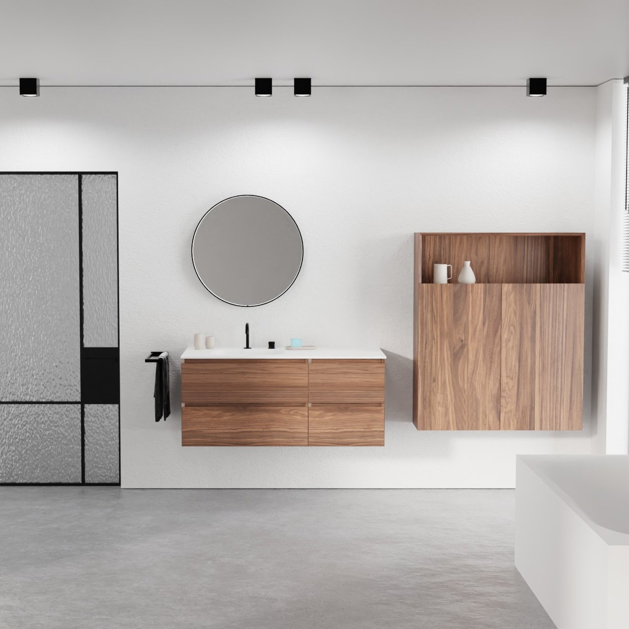 Balmani Mitra hängendes Möbelstück Set: 120 x 55 cm, Nussbaum, mit Tablo Arcato Waschtisch links, Solid Surface Weiß matt