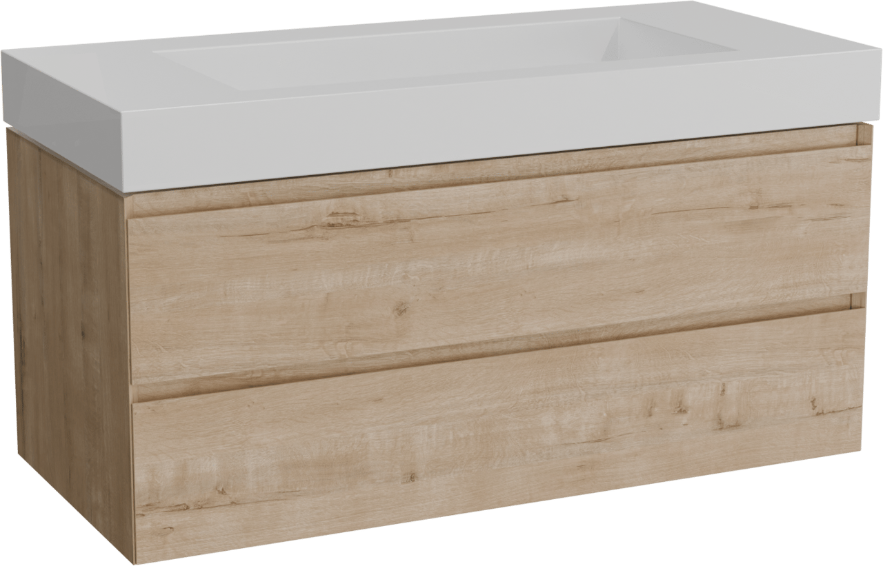 Balmani Mitra hängendes Möbelstück Set: 120 x 55 cm, Rohe Eiche, mit Modus Einzelwaschtisch für 2 Armaturenlöcher, Solid Surface Weiß matt