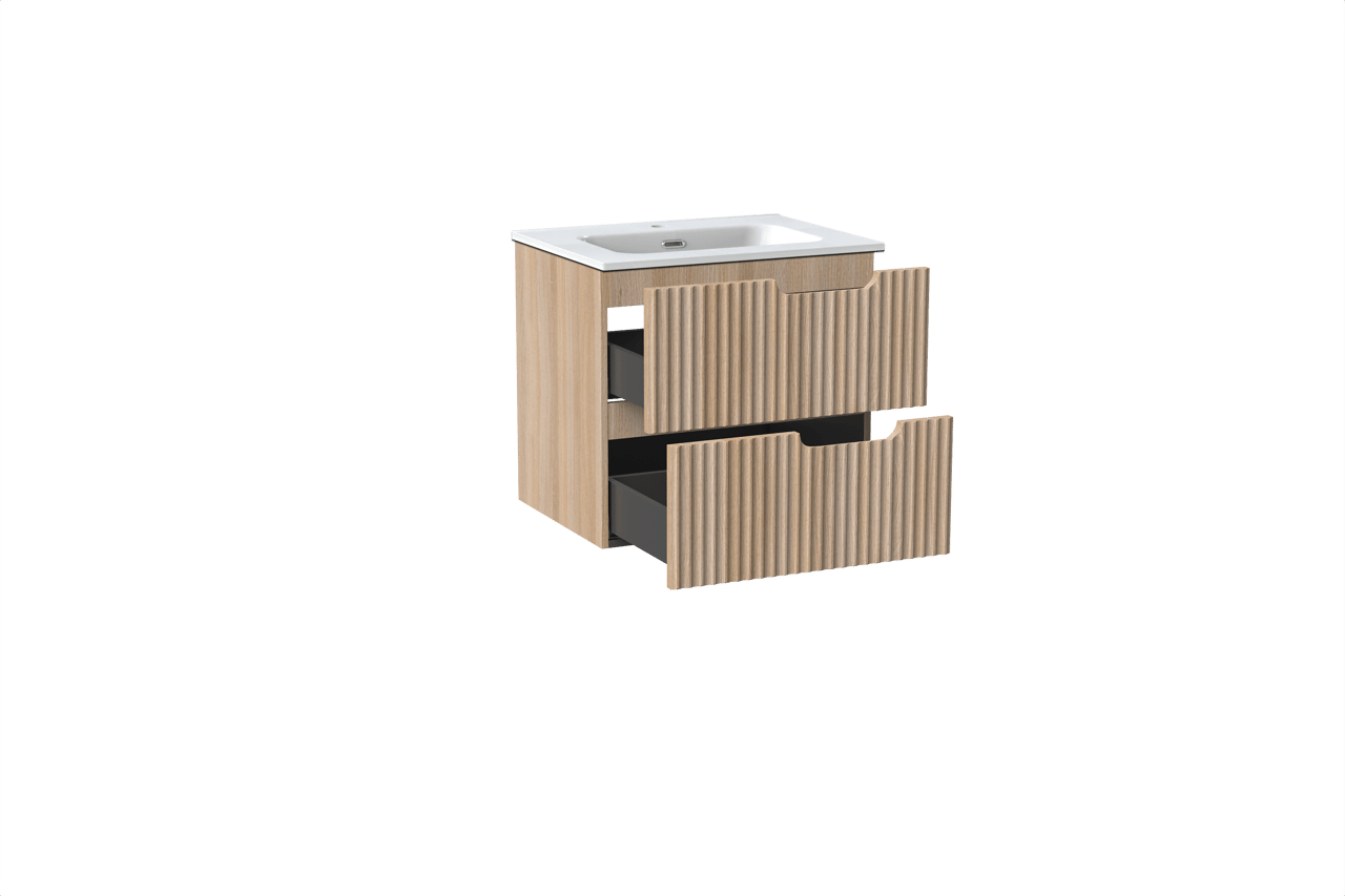 Linie Ribbo meuble salle de bains suspendu 60 x 46 cm chêne clair avec Baro plan simple en porcelaine blanc brillant, Nervure circulaire symétrique verticale