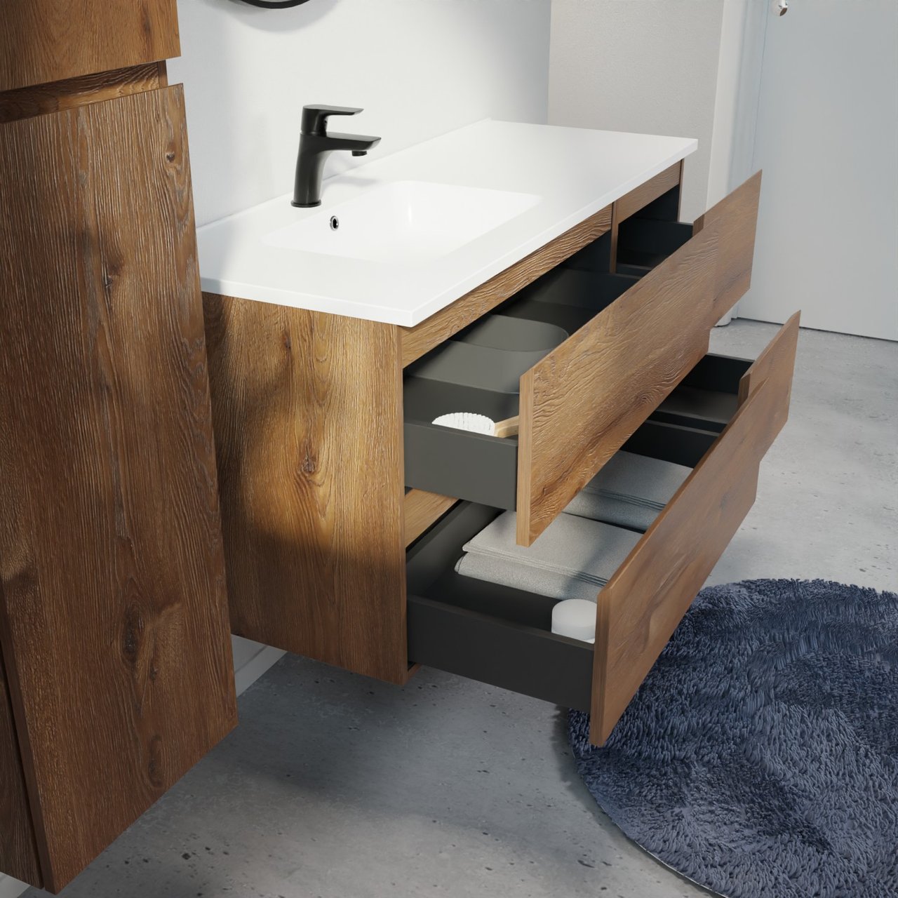 Linie Lado zwevend badkamermeubel 120 x 46 cm bruine eik met Vano asymmetrisch linkse wastafel in composietmarmer mat wit