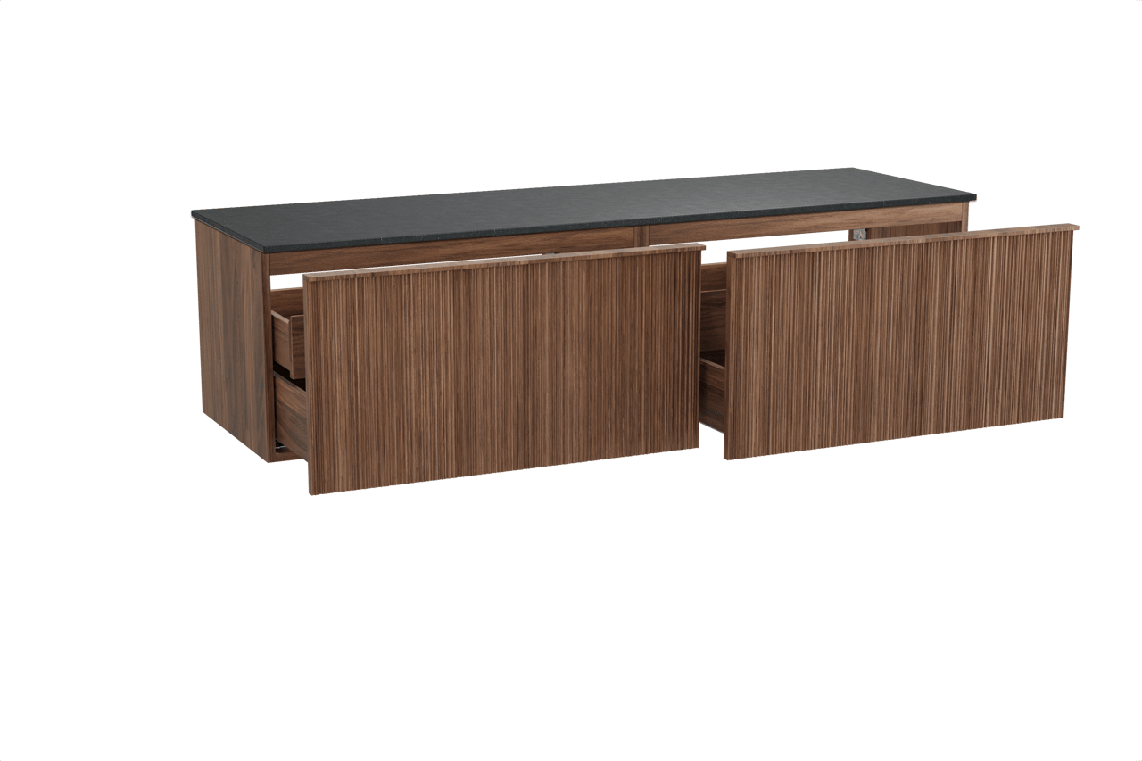 Balmani Forma meuble salle de bains suspendu 180 x 55 cm noyer américain avec Stretto tablette simple ou double en granit noir, Nervure circulaire asymétrique verticale