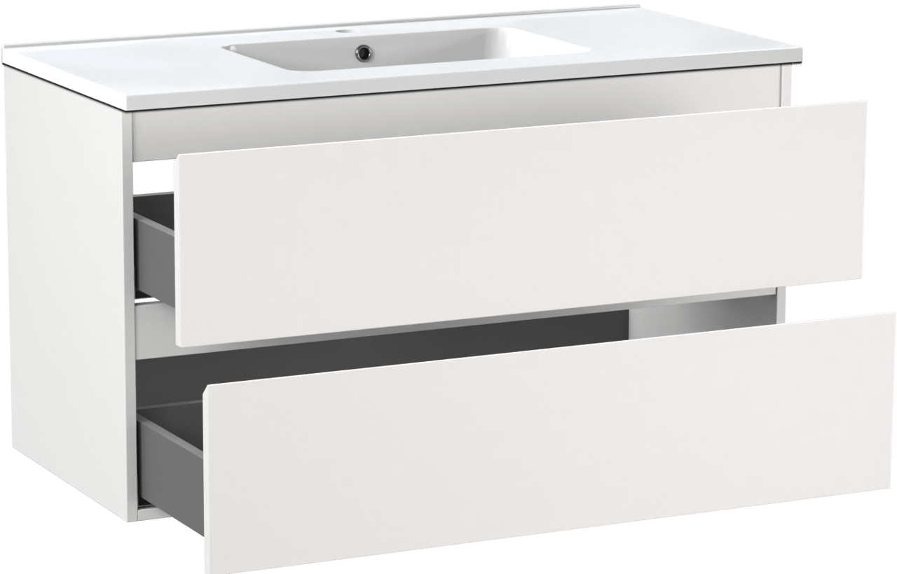 Linie Lado zwevend badmeubel 100 x 46 cm mat wit met Vano enkele wastafel in composietmarmer hoogglans wit