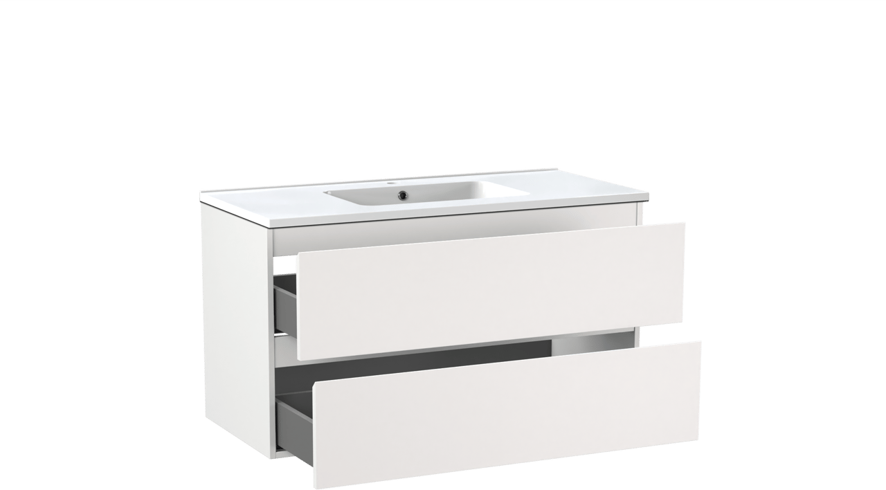 Linie Lado meuble salle de bains suspendu 100 x 46 cm blanc mat avec Vano plan simple en marbre composite blanc brillant