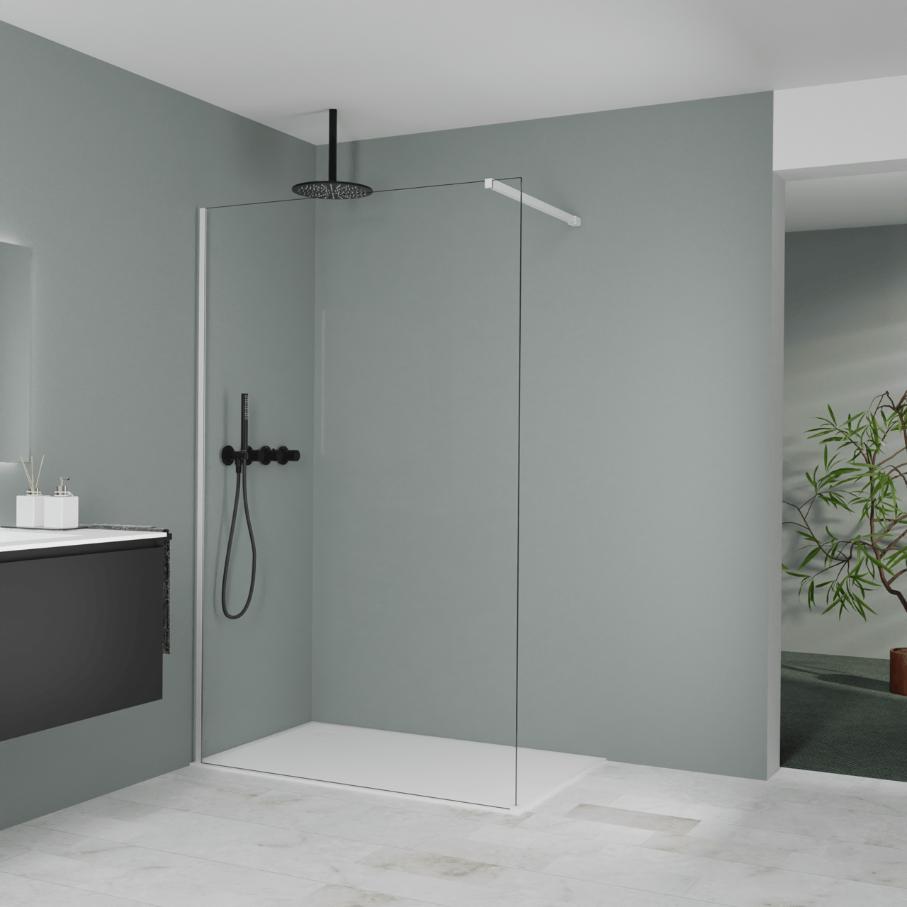 Balmani Modular Walk-In Dusche: 130 x 200 cm, Klarglas, inklusive Coating, Profil Weiß matt