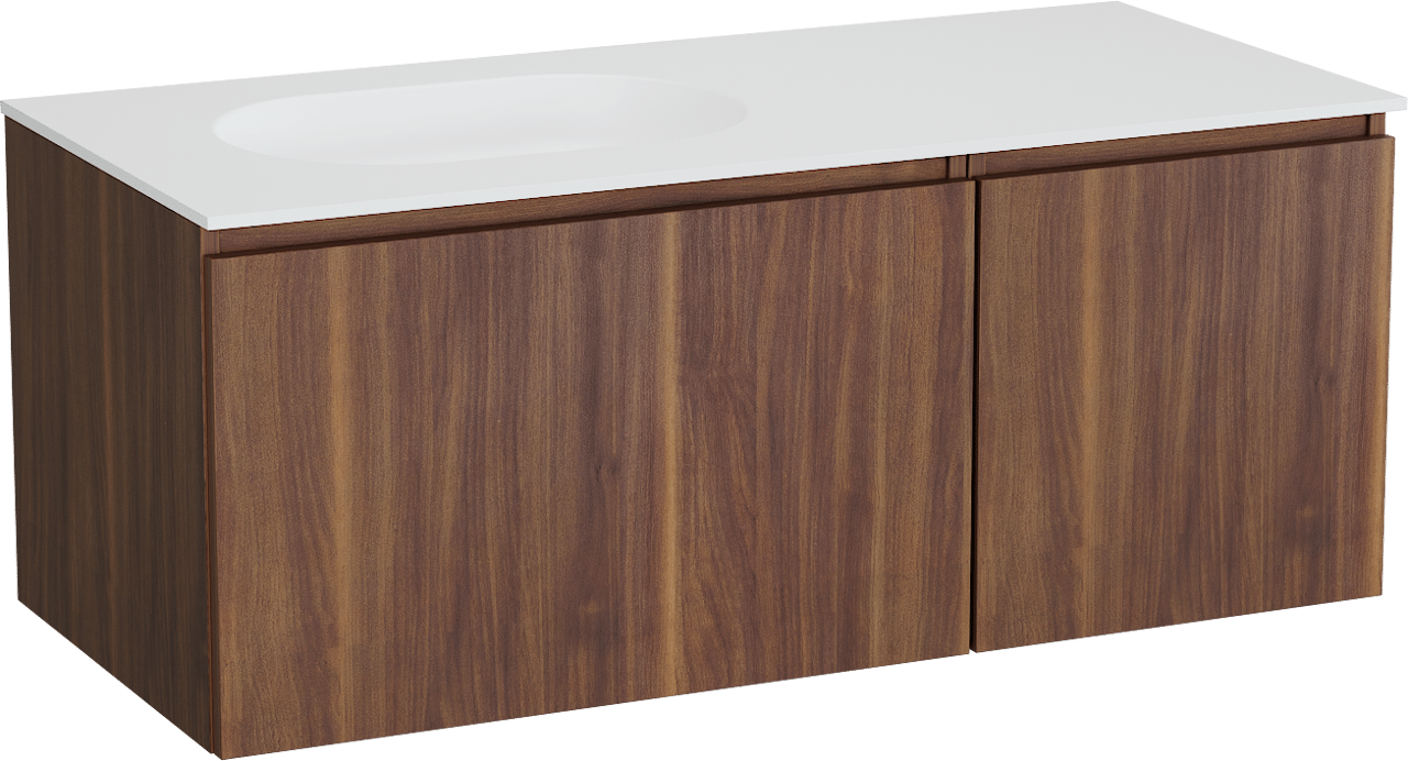 Balmani Sfera hängendes Möbelstück Set: 120 x 55 cm, Amerikanischer Nussbaum, mit Tablo Oval Waschtisch links, Solid Surface Weiß matt