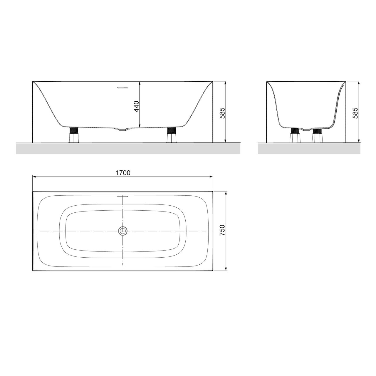 Luca Varess Saturnia rechthoekig vrijstaand bad 170 x 75 cm acryl glanzend wit