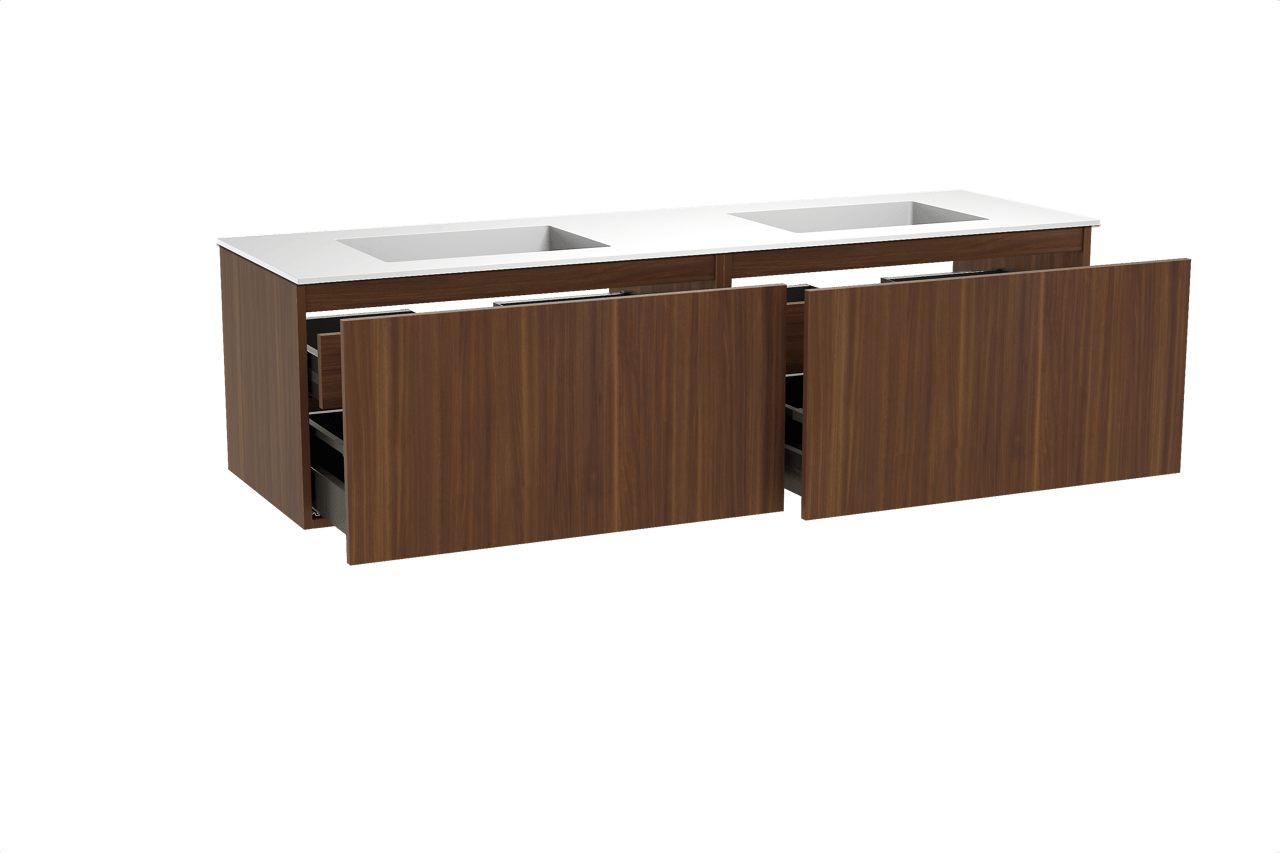 Balmani Sfera meuble salle de bains suspendu 180 x 55 cm noyer américain avec Tablo Stretto double vasque en solid surface blanc mat