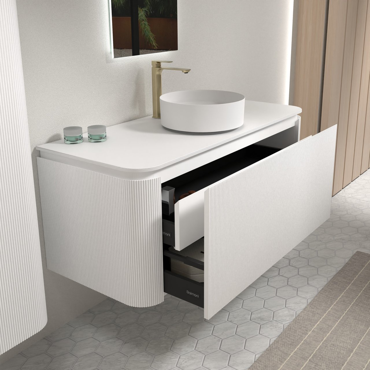 Balmani Moon meuble salle de bains suspendu 130 x 55 cm blanc mat avec Moon tablette simple ou double en solid surface blanc mat, Nervure droite symétrique verticale