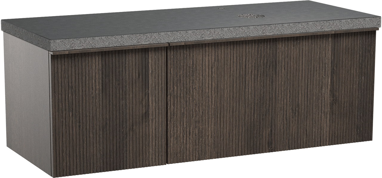 Balmani Forma zwevend badmeubel 135 x 55 cm gerookt eiken met Rock asymmetrisch rechtse wastafel in zwart graniet, Verticale symmetrische rechte ribbel