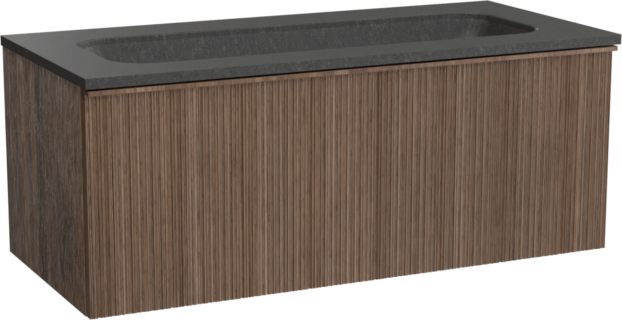 Balmani Forma zwevend badmeubel 120 x 55 cm amerikaans notenhout met Tablo Arcato enkele wastafel voor 2 kraangaten in zwart graniet, Verticale asymmetrische ronde ribbel