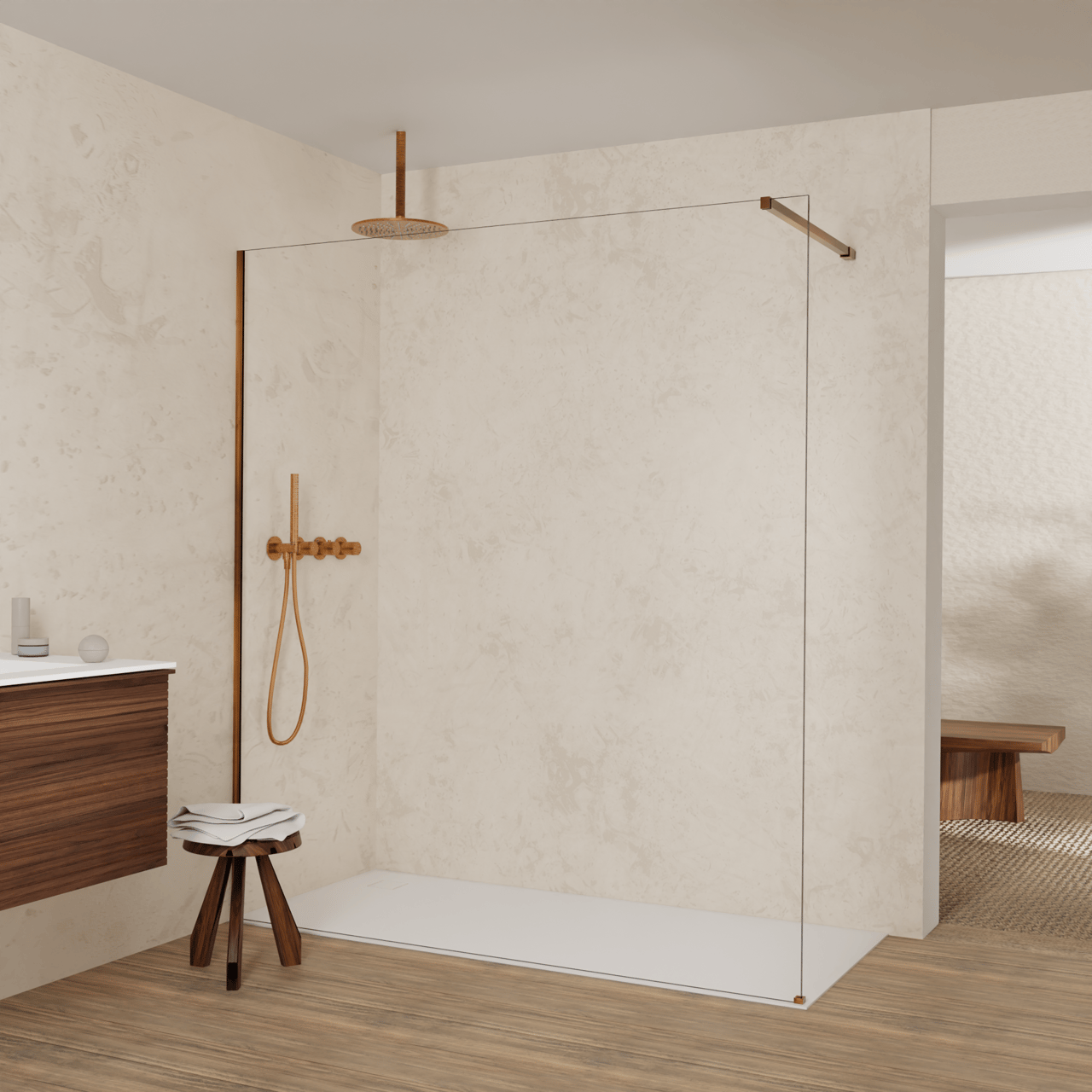 Balmani Modular inloopdouche: 180 x 200 cm, Helder glas, Brushed Rosegold profielen