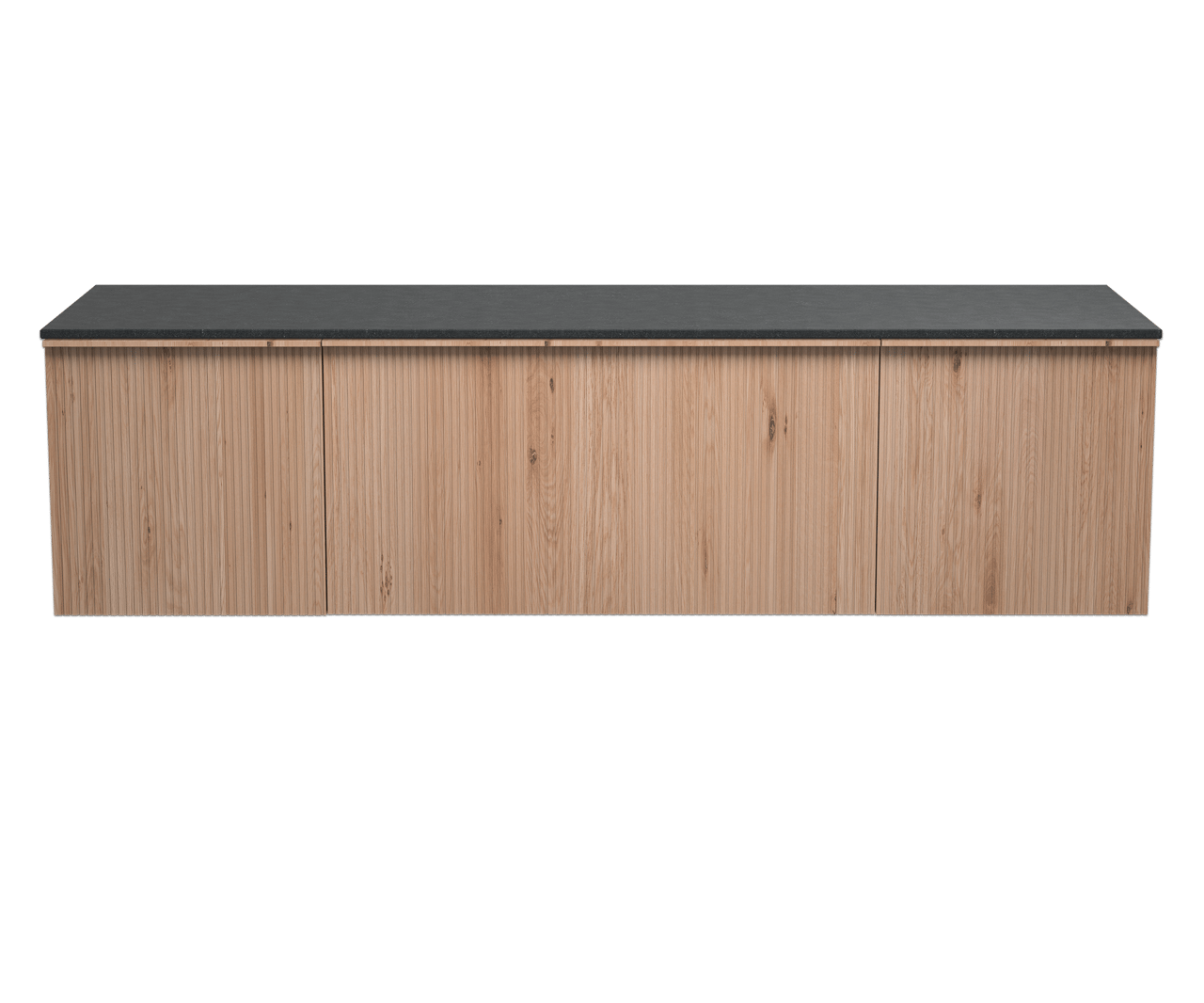 Balmani Forma zwevend badmeubel 180 x 55 cm naturel eiken met Stretto enkel of dubbel wastafelblad in zwart graniet, Verticale symmetrische rechte ribbel