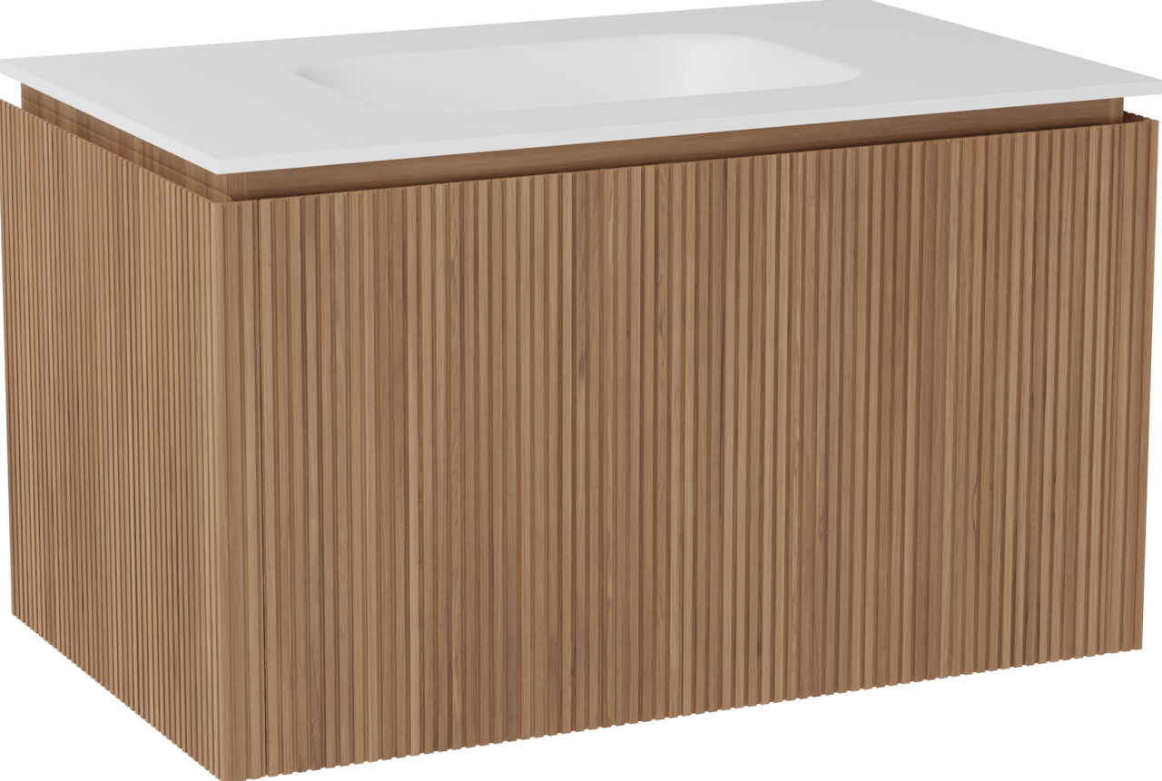 Balmani Eclips meuble salle de bains suspendu 90 x 55 cm Teck avec Tablo Arcato plan simple en Solid Surface blanc mat, Nervure droite symétrique verticale