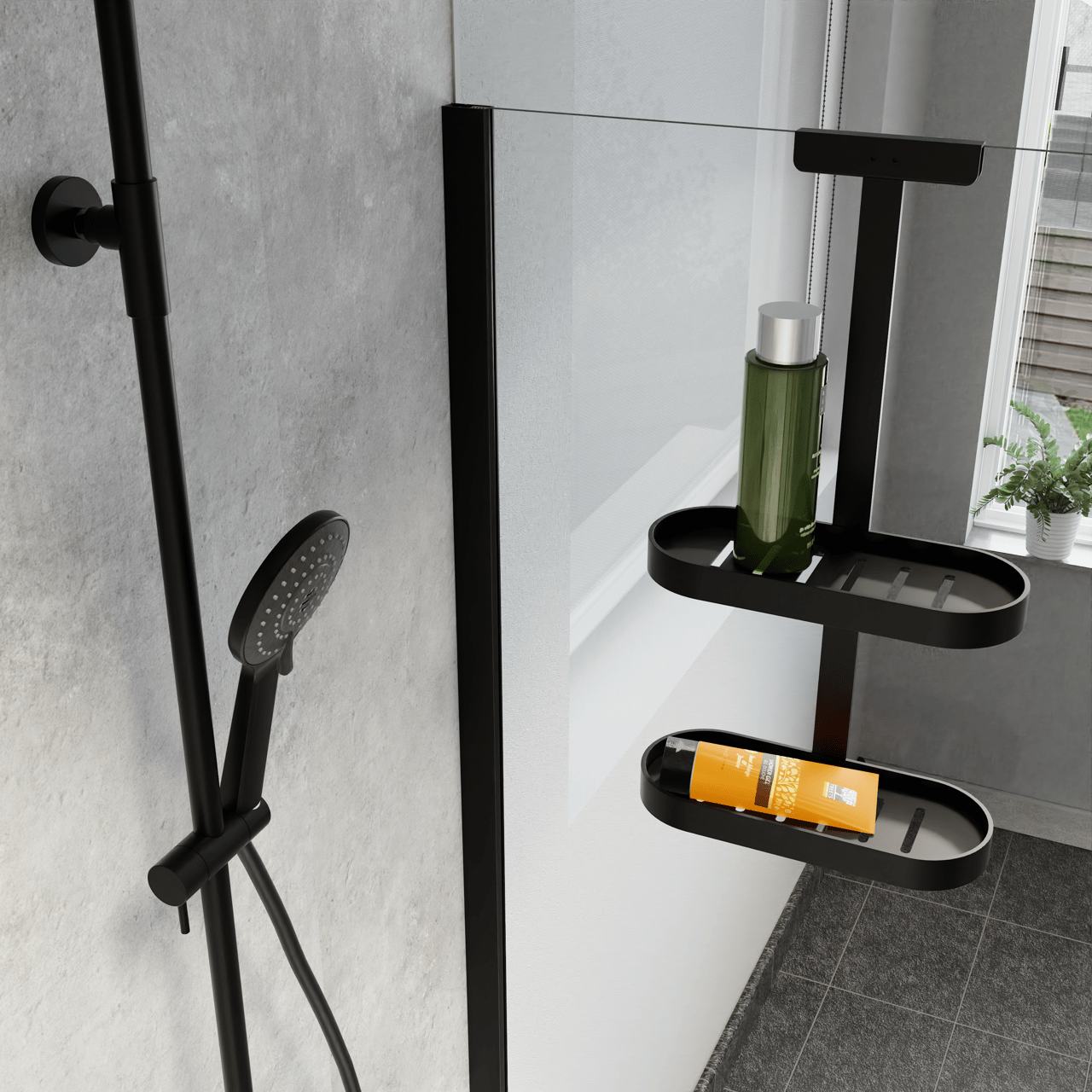 Linie Lucy Doppel-Shampoohalter für Duschwand mit Handtuchhaken, Schwarz matt