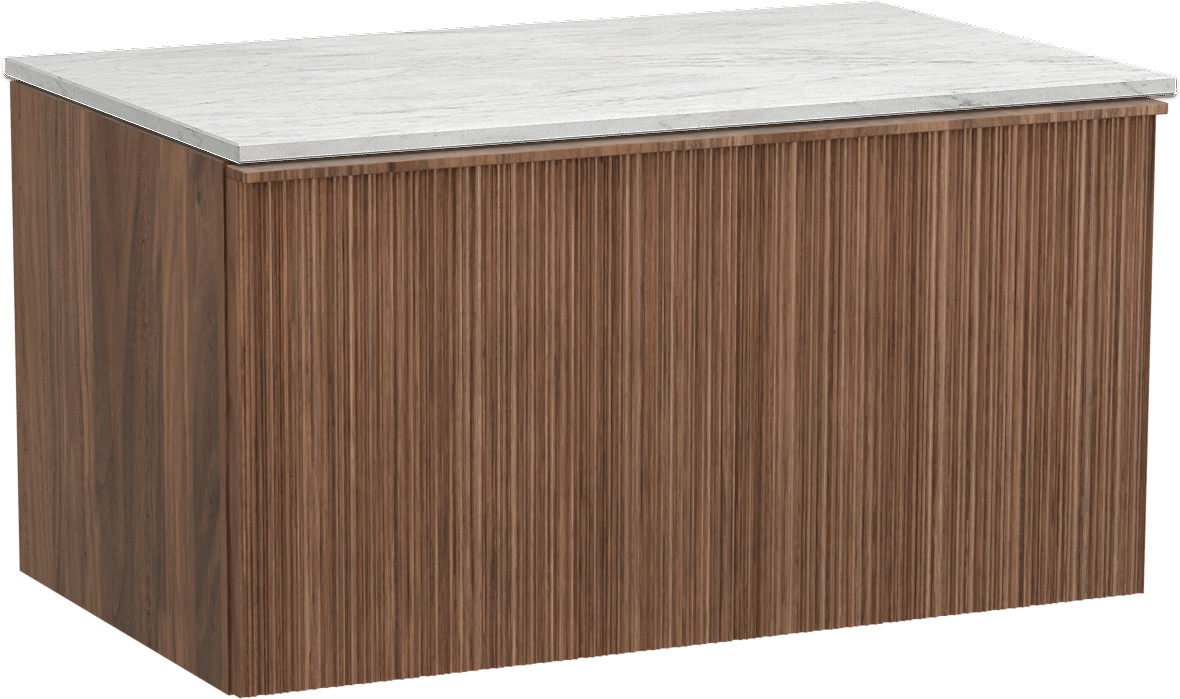 Balmani Forma zwevend badkamermeubel 90 x 55 cm amerikaanse notelaar met Stretto enkel tablet in marmer carrara, Verticale asymmetrische ronde ribbel